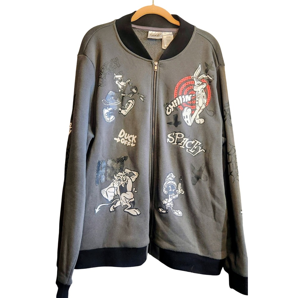 Looney Tunes Bomber Sweatshirt Mens Size M Grey Good Zip Up Graphic Streetwear